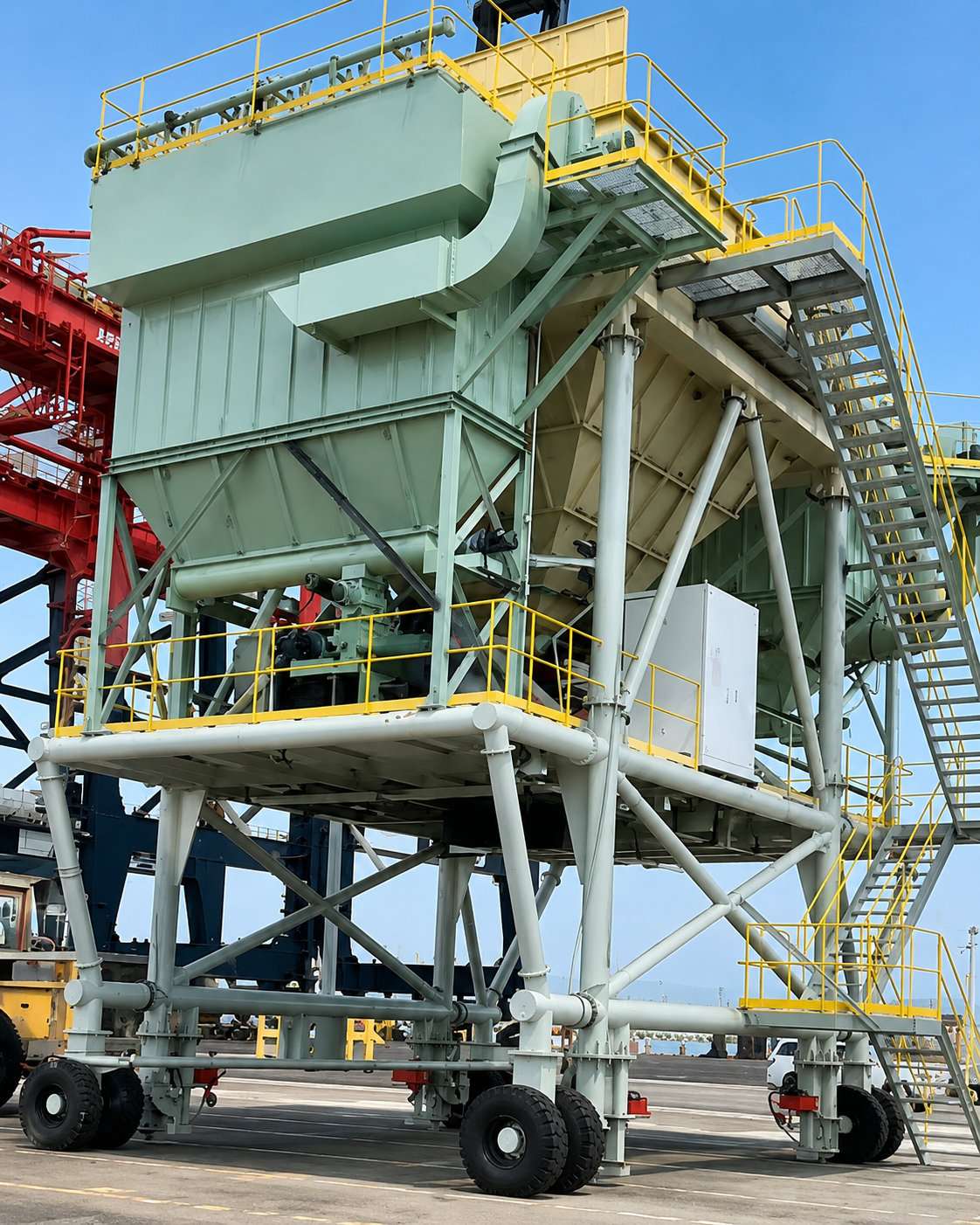 Sunlike manufactures Dust-Control Hopper for ports applications, supporting project requirements across bulk ship unloading systems.